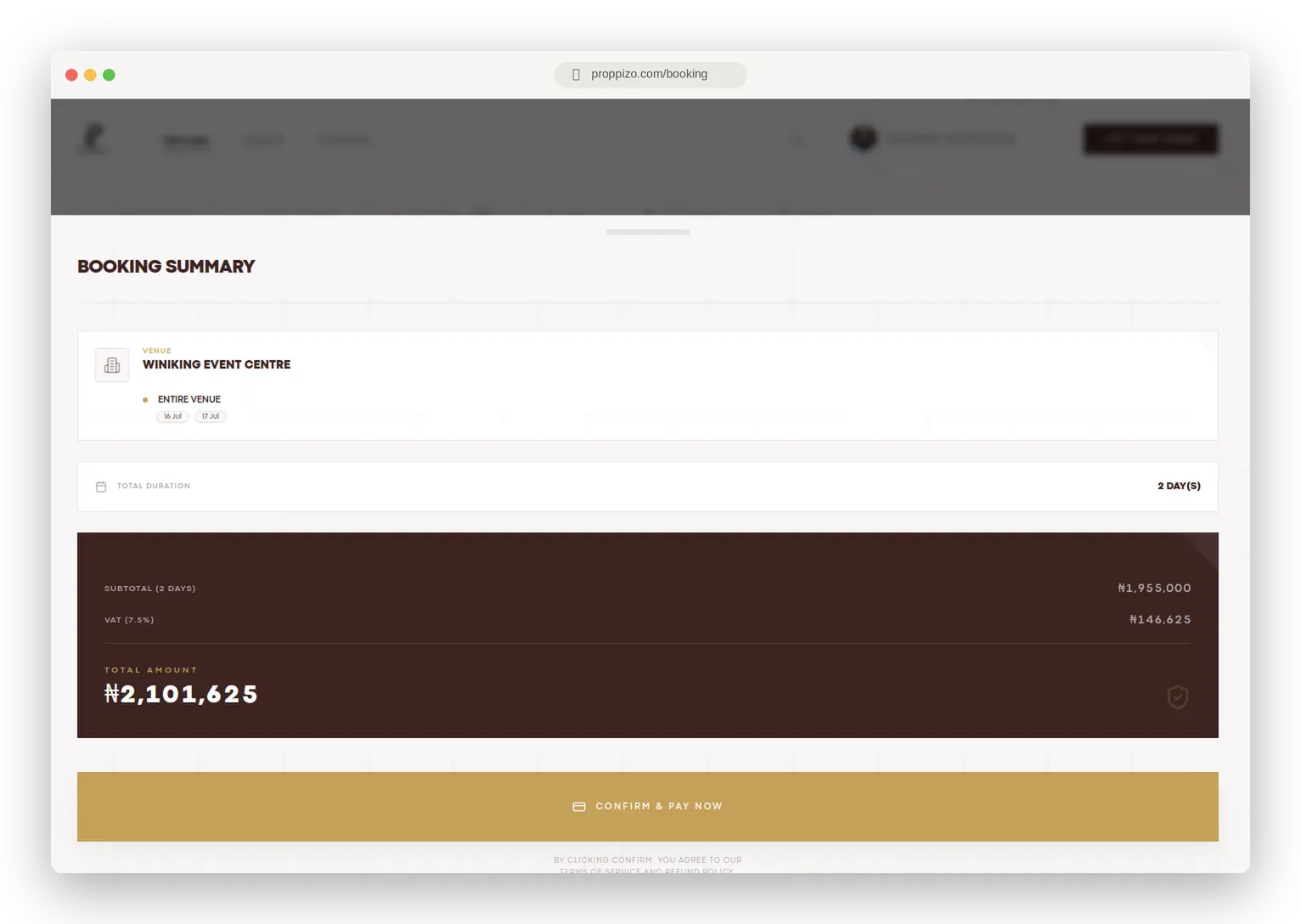 The reservation (Desktop View)